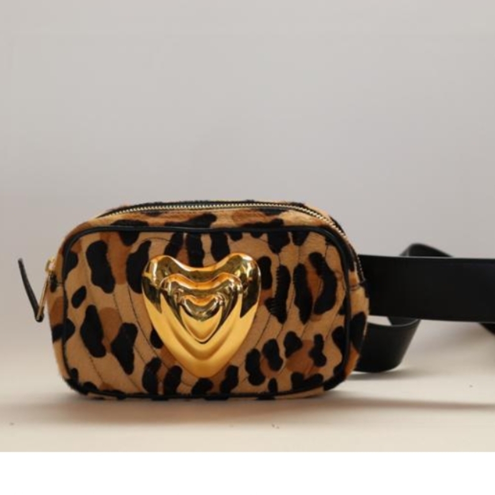 Escada Leopard Calf Hair Bag Belt with Gold Heart Accent